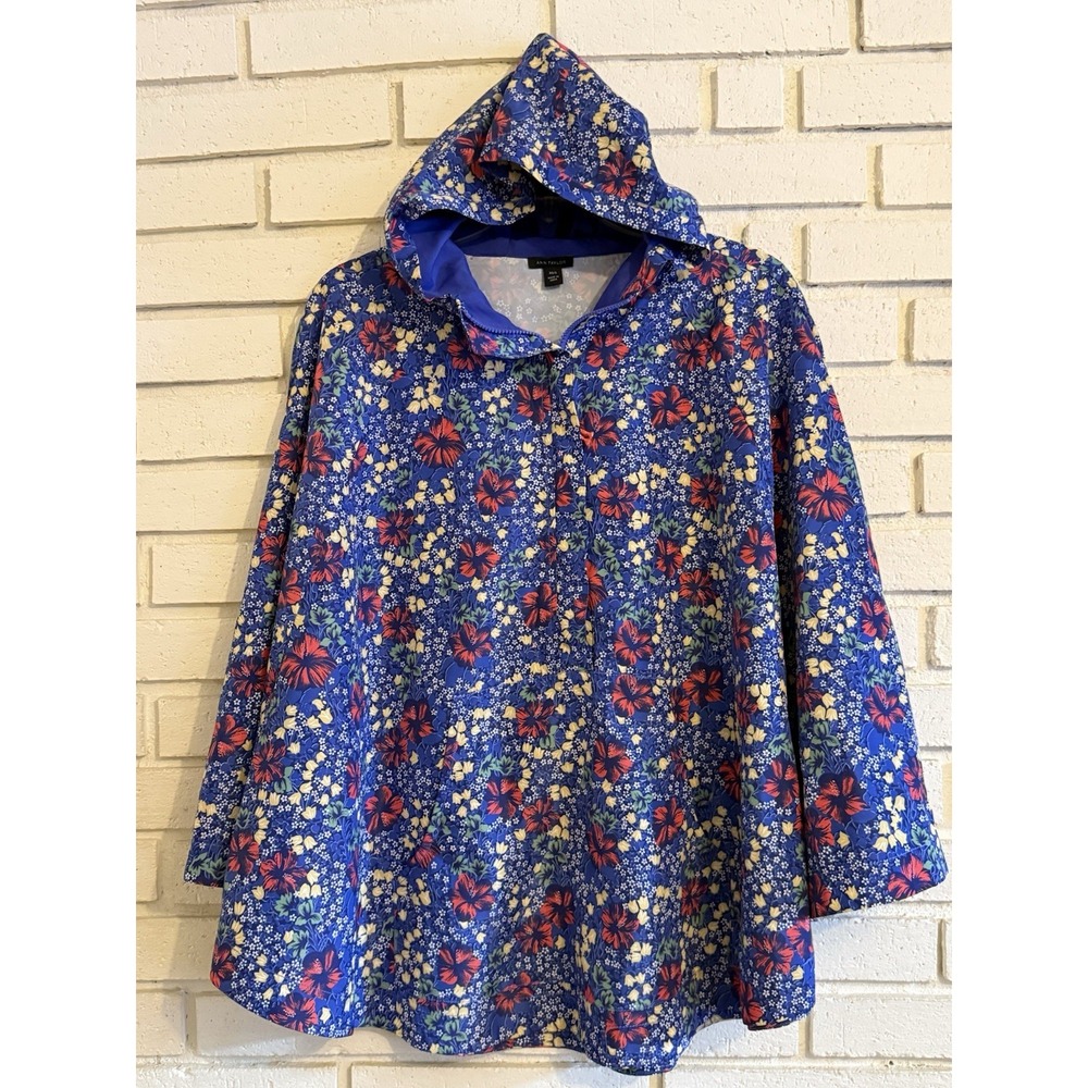 Ann Taylor Hooded Poncho Rain Coat Blue Multicolor Floral Cape‎ Sz XS/Sm